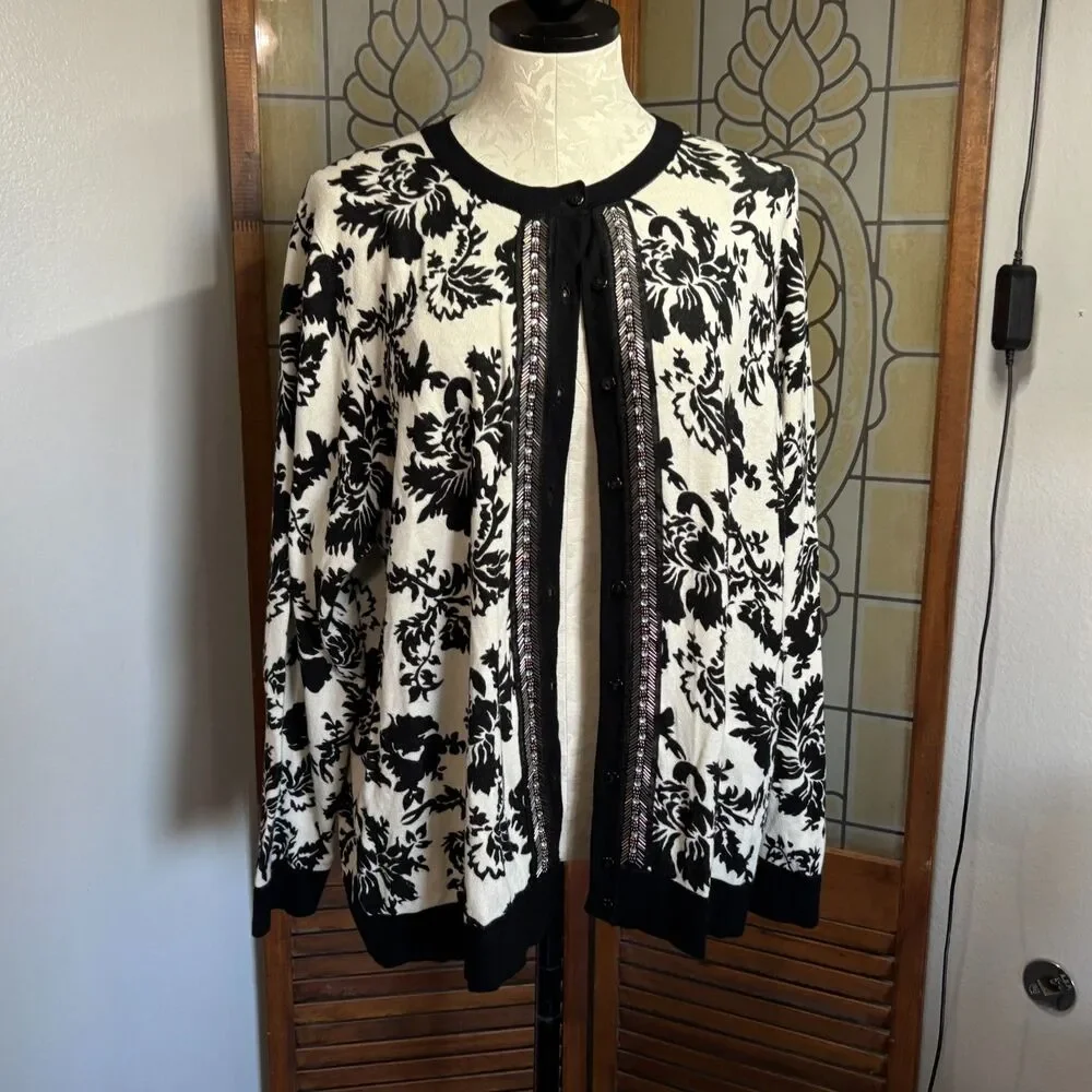 Marled Sequin Trim Front Button Up Cardigan Sweater Old Money Chic Plus Size 2X